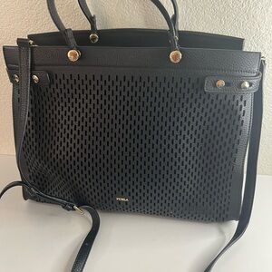 Furla Black Perforated Tote with Gold Accents